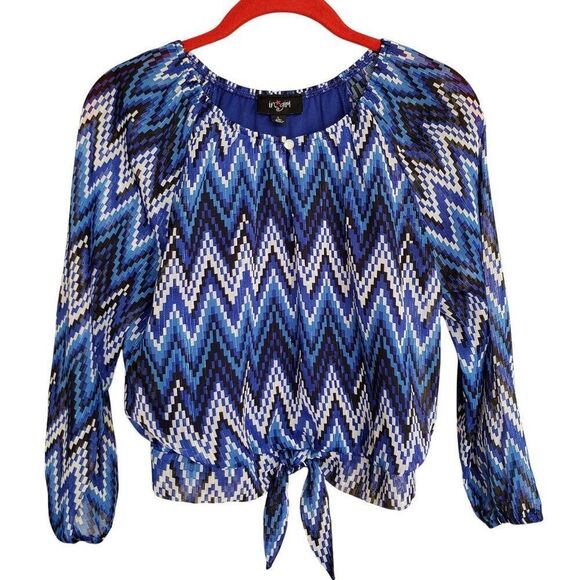 I.N. Girl Lg Tie-Front Blouse 14 Blue Chevron Long Sleeve Cottage Zig Zag Top - Picture 5 of 5